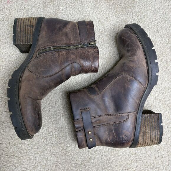 Born Womens Size 8 Nisbet Ankle Boots Brown Distressed Leather Chunky Heel Zip - Picture 6 of 8